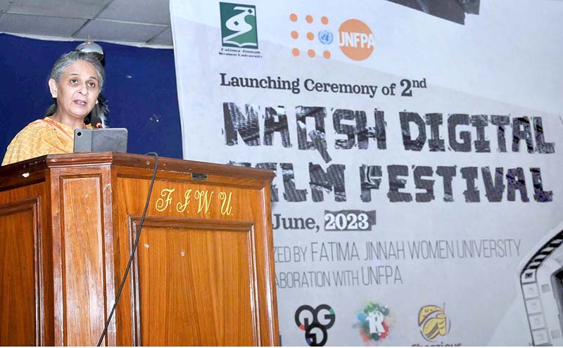 Country Representative, UNFPA, Dr. Luay Shabaneh, Member Parliament and Secretary of Women's Parliamentary Caucus Dr. Shahida Rehmani and Vice Chancellor Fatima Jinnah Women University Dr Saima Hamid launching the 2nd Naqsh Digital Film Festival (NDFF) organized by Department of Communication and Media Studies, Fatima Jinnah Women University