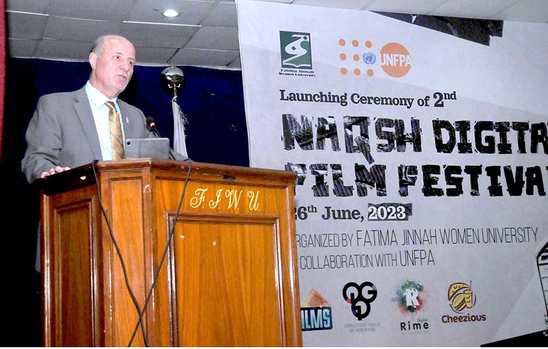Country Representative, UNFPA, Dr. Luay Shabaneh, Member Parliament and Secretary of Women's Parliamentary Caucus Dr. Shahida Rehmani and Vice Chancellor Fatima Jinnah Women University Dr Saima Hamid launching the 2nd Naqsh Digital Film Festival (NDFF) organized by Department of Communication and Media Studies, Fatima Jinnah Women University