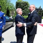 President of Azerbaijan Ilham Aliyev receives Prime Minister Muhammad Shehbaz Sharif upon his arrival at Zugulba Palace