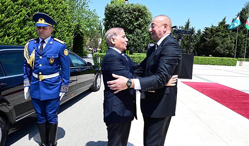 President of Azerbaijan Ilham Aliyev receives Prime Minister Muhammad Shehbaz Sharif upon his arrival at Zugulba Palace