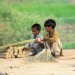 Gypsy children binding the brooms for the customers