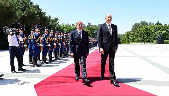 Prime Minister Muhammad Shehbaz Sharif and President of Azerbaijan inspecting guard of honor at Zugulba Palace