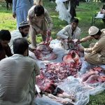 Butchers busy in cutting meat into pieces after slaughtering sacrificial animal on the 1st day of Eid Ul Azha.