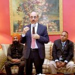 Ambassador Masood Khan addressing faith and community leaders at Pakistan House