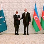 Prime Minister Muhammad Shehbaz Sharif and President of Azerbaijan Ilham Aliyev shaking hands prior to their meeting