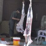 A butcher slaughters sacrificial animal in a house on the 2nd day of Eid Ul Azha at I-9
