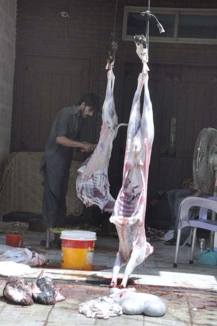 A butcher slaughters sacrificial animal in a house on the 2nd day of Eid Ul Azha at I-9