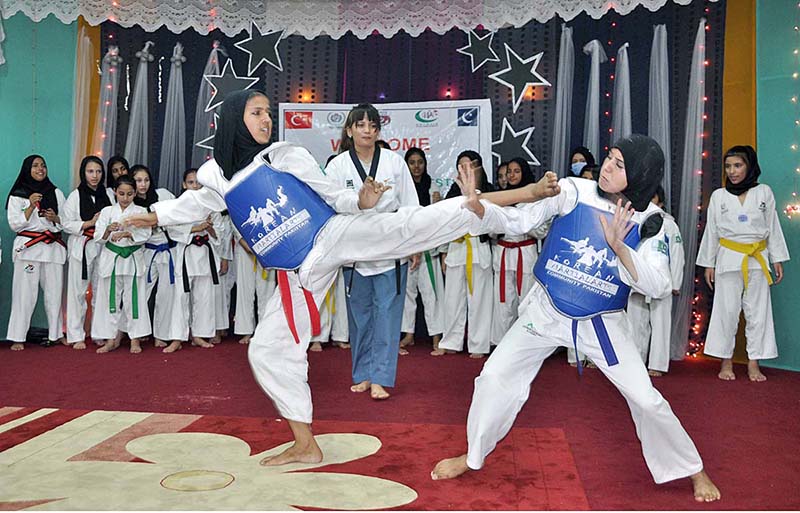 Taekwondo girls show off their skills during inauguration ceremony of “Bashir Begum Chaudhry Girls Orphanage” building for orphan girls at Khubaib Girls School and College donated by Zakat Foundation America