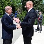 President of Azerbaijan Ilham Aliyev receives Prime Minister Muhammad Shehbaz Sharif upon his arrival at Zugulba Palace
