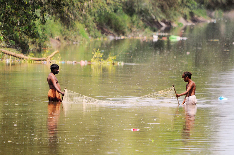 Fishermen catching fish with the help of a net at Nau Bahar Canal
