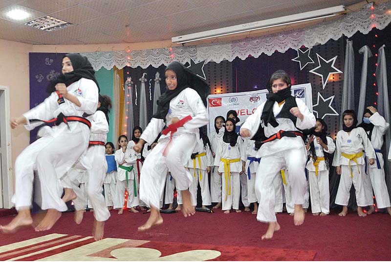 Taekwondo girls show off their skills during inauguration ceremony of “Bashir Begum Chaudhry Girls Orphanage” building for orphan girls at Khubaib Girls School and College donated by Zakat Foundation America