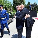 President of Azerbaijan Ilham Aliyev receives Prime Minister Muhammad Shehbaz Sharif upon his arrival at Zugulba Palace