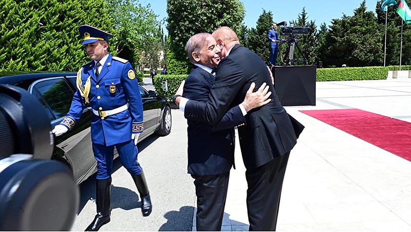 President of Azerbaijan Ilham Aliyev receives Prime Minister Muhammad Shehbaz Sharif upon his arrival at Zugulba Palace