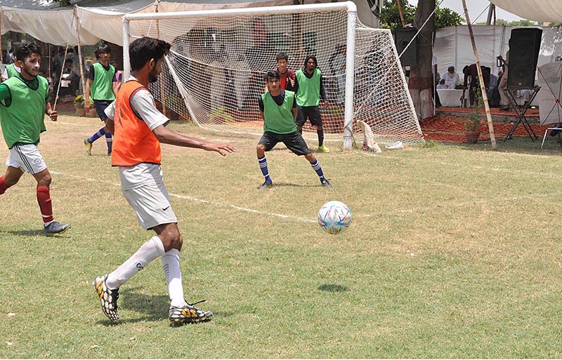 Students are giving Football trials for Prime Minister's Youth Programme Talent Hunt Youth Sports League organized by University of Sargodha Supervision of Higher Education Commission