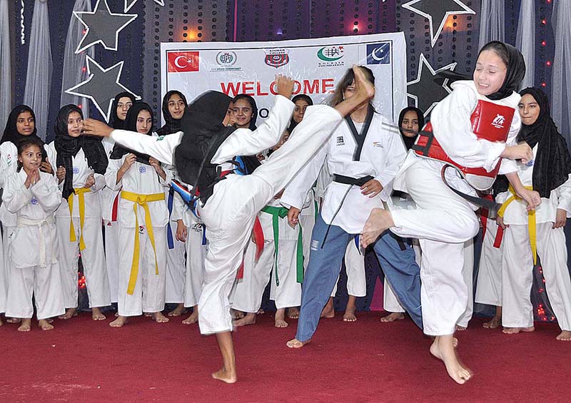 Taekwondo girls show off their skills during inauguration ceremony of “Bashir Begum Chaudhry Girls Orphanage” building for orphan girls at Khubaib Girls School and College donated by Zakat Foundation America