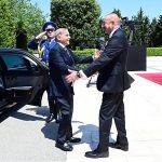 President of Azerbaijan Ilham Aliyev receives Prime Minister Muhammad Shehbaz Sharif upon his arrival at Zugulba Palace