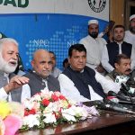 Engineer Amir Muqam, Advisor to Prime Minister for National Heritage and Culture Division, Alhaj Shah Jee Gul Afridi Ex MNA and Federal Minister for Parliamentary Affairs Murtaza Javed Abbasi addressing press conference at Press Club