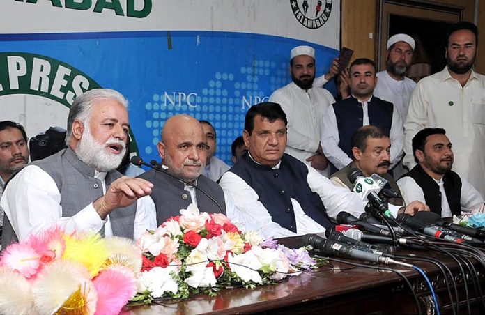 Engineer Amir Muqam, Advisor to Prime Minister for National Heritage and Culture Division, Alhaj Shah Jee Gul Afridi Ex MNA and Federal Minister for Parliamentary Affairs Murtaza Javed Abbasi addressing press conference at Press Club