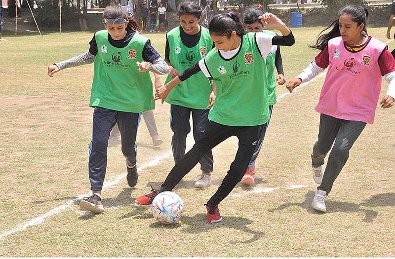 Students are giving Football trials for Prime Minister's Youth Programme Talent Hunt Youth Sports League organized by University of Sargodha Supervision of Higher Education Commission