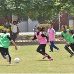 Students are giving Football trials for Prime Minister's Youth Programme Talent Hunt Youth Sports League organized by University of Sargodha Supervision of Higher Education Commission