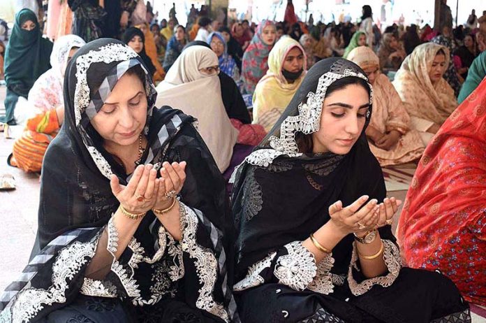 A large number women offering dua after Eidul Azha prayers at historic Badshahi Masjid