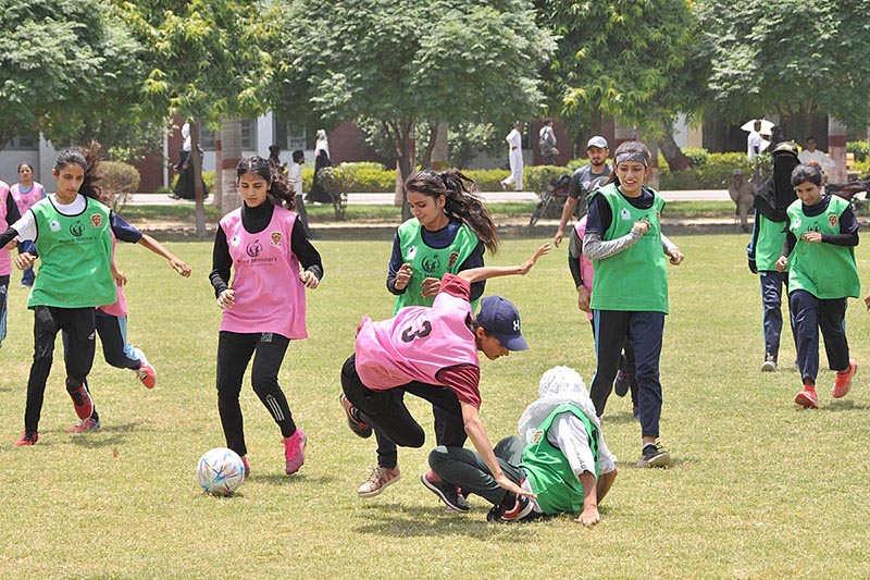 Students are giving Football trials for Prime Minister's Youth Programme Talent Hunt Youth Sports League organized by University of Sargodha Supervision of Higher Education Commission