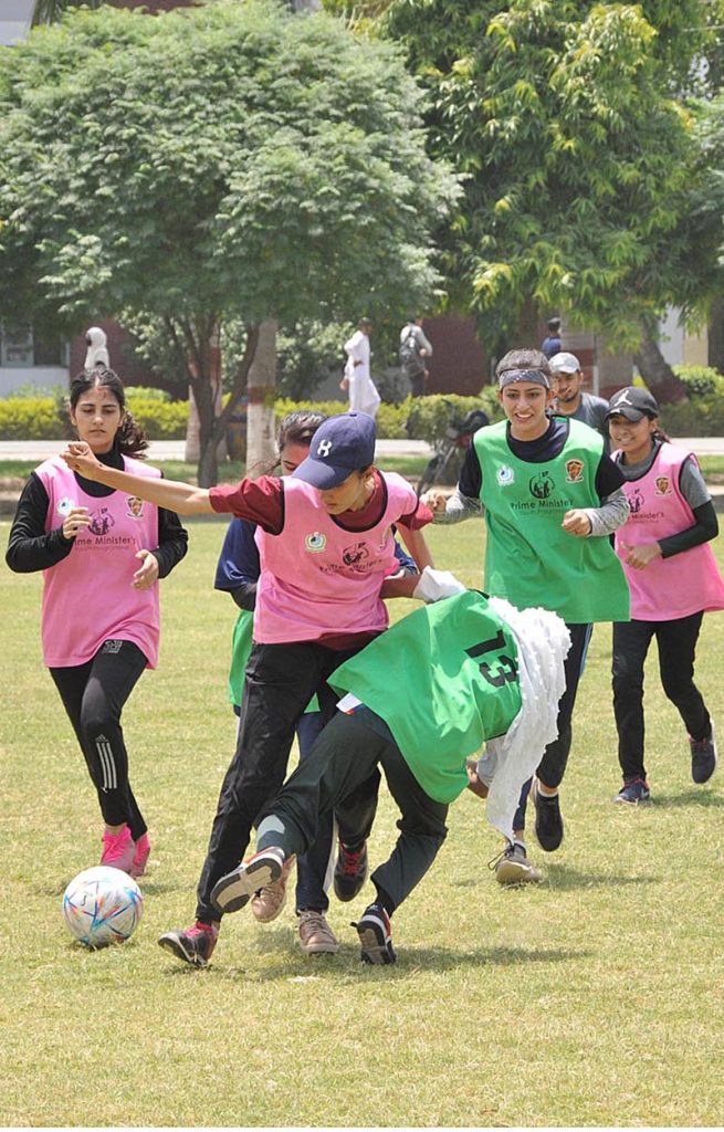 Students are giving Football trials for Prime Minister's Youth Programme Talent Hunt Youth Sports League organized by University of Sargodha Supervision of Higher Education Commission