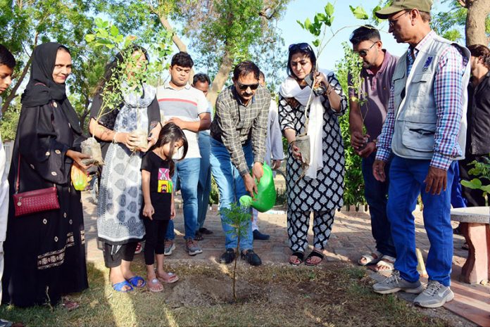 Administrator of HMC Mohammad Farooq khan showering water on the plant after planting during plantation campaign organized by Caritas Pakistan at nursery park