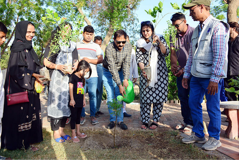 Administrator of HMC Mohammad Farooq khan showering water on the plant after planting during plantation campaign organized by Caritas Pakistan at nursery park