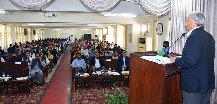Federal Minister for Education Professional Training Rana Tanveer Hussain addressing during the launching ceremony of 1st Pre-Service Teachers Training Program for Federal Directorate of Education at Federal Collage of Education H-9