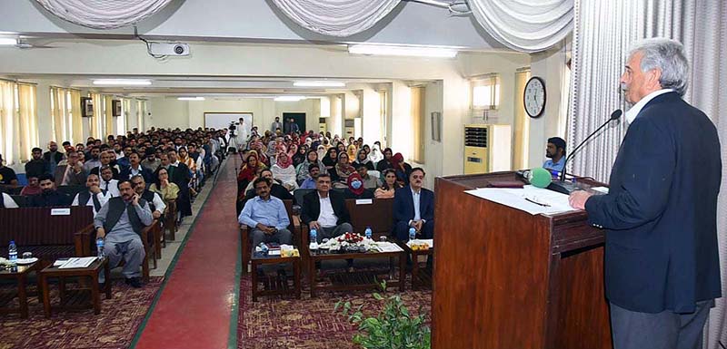 Federal Minister for Education Professional Training Rana Tanveer Hussain addressing during the launching ceremony of 1st Pre-Service Teachers Training Program for Federal Directorate of Education at Federal Collage of Education H-9
