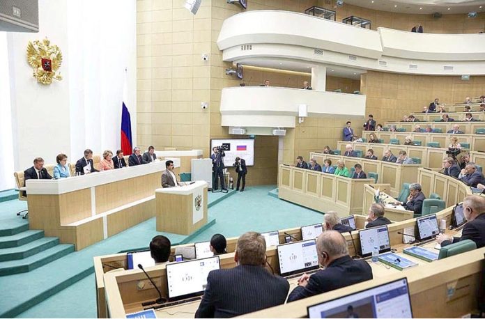 Chairman Senate, Muhammad Sadiq Sanjrani addresses the plenary session of Federation Council of the Russian Federation