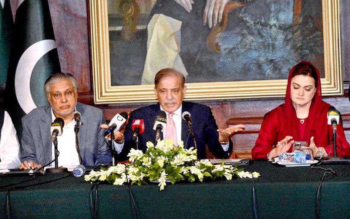 Prime Minister Muhammad Shehbaz Sharif addresses press conference at Governor House