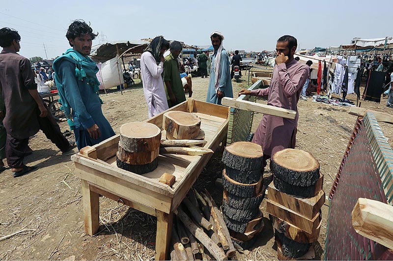 Vendors displaying wooden pieces for used during sacrifice at Animal Market Hathri Bypass in connection with upcoming Eid ul Azha