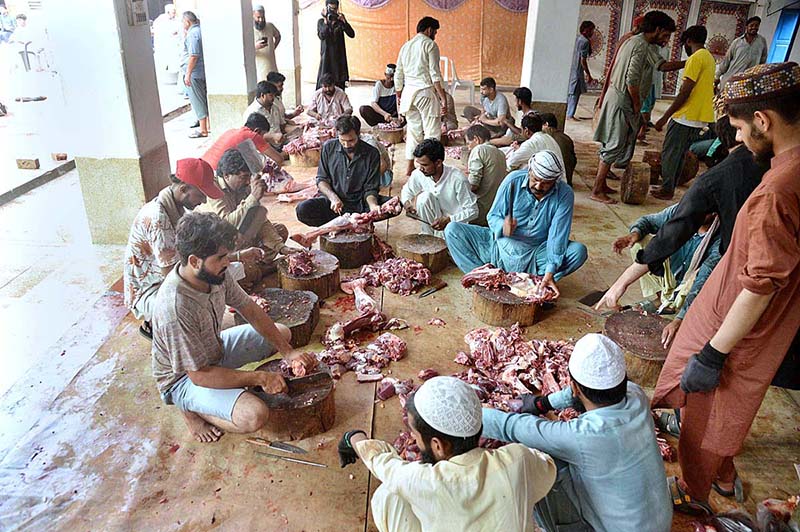 Butcher busy in slaughtering camel on the first day of Eid-ul-Azha in Provincial Capital