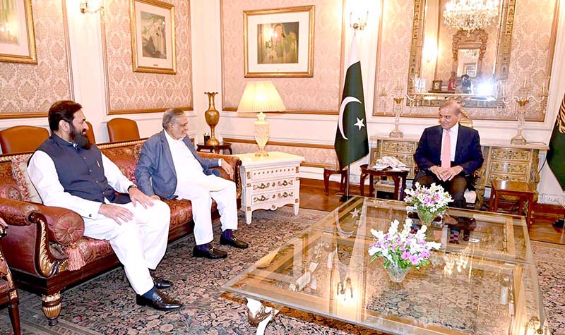 Prime Minister Muhammad Shebaz Sharif meets Governor Punjab Muhammad Baligh ur Rehman. Federal Minister for Finance Muhammad Ishaq Dar is also present in the meeting