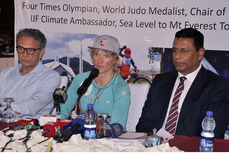 World Judo Medalist and Austrian Judo player Ms. Sabrina Filzmoser along with Ambassador of Austria addressing a press conference regarding her K2 expedition