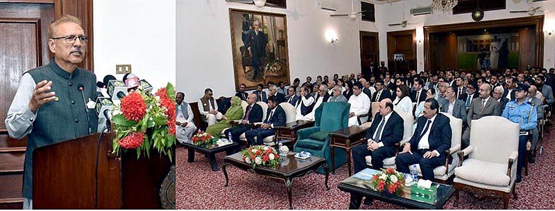President Dr. Arif Alvi addressing a seminar on "the Role of Federal Insurance Ombudsman in the Development of Insurance Industry" at Governor House