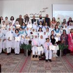 Prize winners pose for group photo with Chief Guest Director Colleges Aftab Tariq and Principal Ayesha Kayani in annual prize distribution ceremony of Margala Model College for Girls F7/4