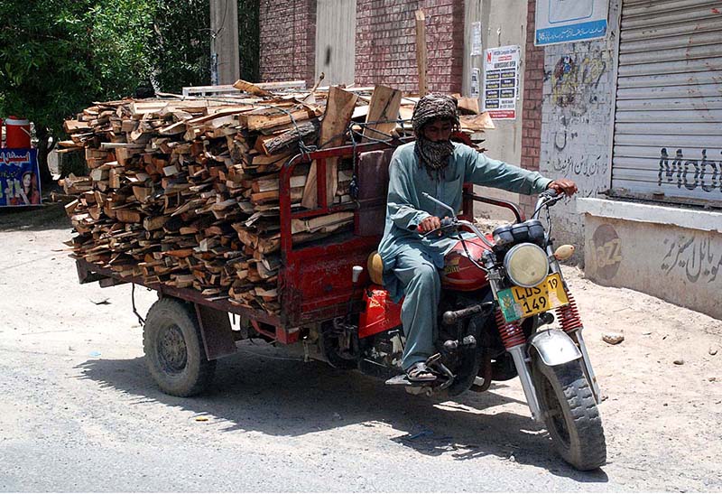 A tri-motorcyclist on the way loaded with woods