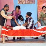 Artists performing in stage drama " Morakh Unj Maran " during Sindh Theatre Festival 2023 at ZA Bhutto Open Air Theater