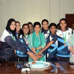Vice Chancellor GC Women University Faisalabad (GCWUF), Prof Dr Robina Farooq is cutting cake during a ceremony organized to celebrate achievements of GCWUF Sports Stars in the 34th National Games 2023 in Quetta