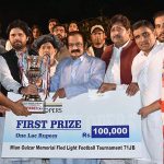 Interior Minister Rana Sana Ullah Khan giving away trophy to the players of the winning Football Team during Mian Gulzar Memorial Fled Light Football Tournament-71 JB