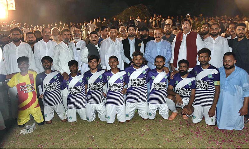 Interior Minister Rana Sana Ullah Khan in a group photo with Football Team during Mian Gulzar Memorial Fled Light Football Tournament-71 JB