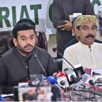 Mayor Hyderabad Kashif Shoro addressing to press conference at Mayor Office