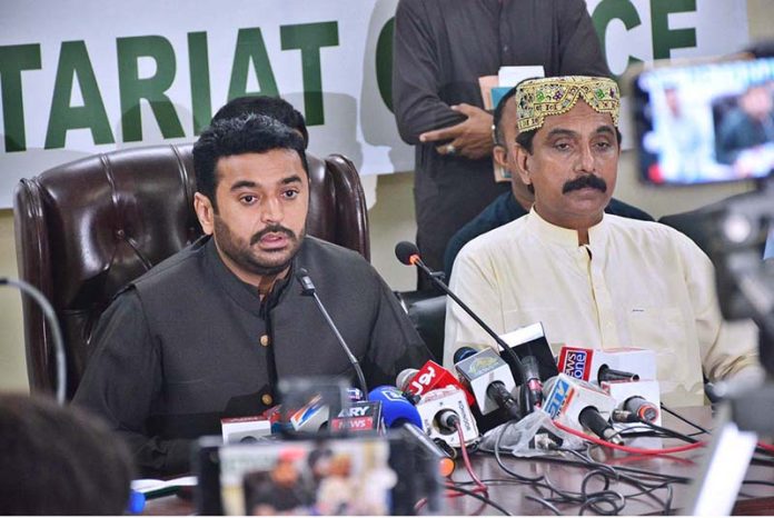 Mayor Hyderabad Kashif Shoro addressing to press conference at Mayor Office