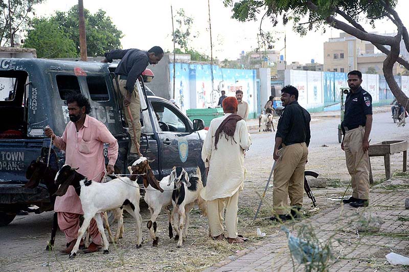 Policemen removing illegal sacrificial animals sellers from footpath in Korangi area