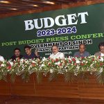 Sindh Chief Minister Syed Murad Ali Shah holding a post-budget press conference at the Sindh Assembly's auditorium