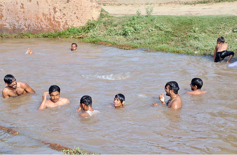 Youngster jumping into the canal to get some relief from hot weather at Luddy wala