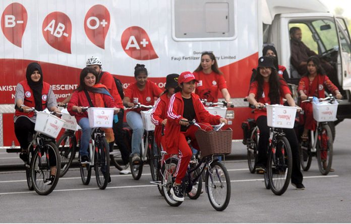 Students from various institutions, Regular Blood Donors PRCS Staff & Volunteers Pakistan Red Crescent Society (PRCS) in collaboration with its Red Cross Red Crescent Movement partners, will organize cycling event 'Donors on Wheels' in connection with World Blood Donor Day 2023 at Jinnah Sports Complex, outside Liaqat Gymnasium